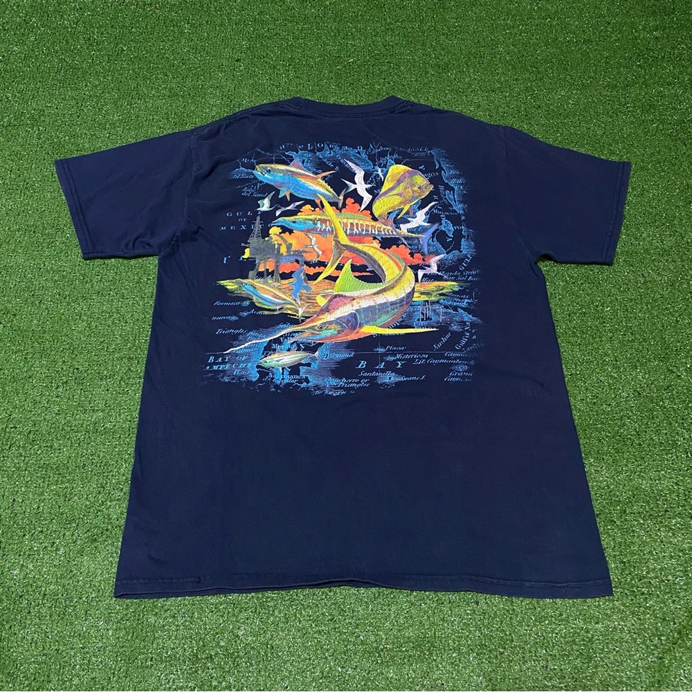 Vintage Y2K Guy Harvey Blue Water Fishing Tee Bahamas Map Marlin Navy Medium